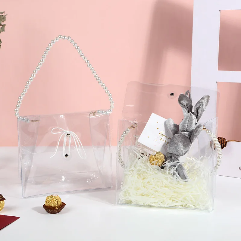 Wholesale Baby Birth Distributions Gifts Bags Transparent Wedding Gift Bags Guests Pvc Handle With Pearl Gifts Box 4