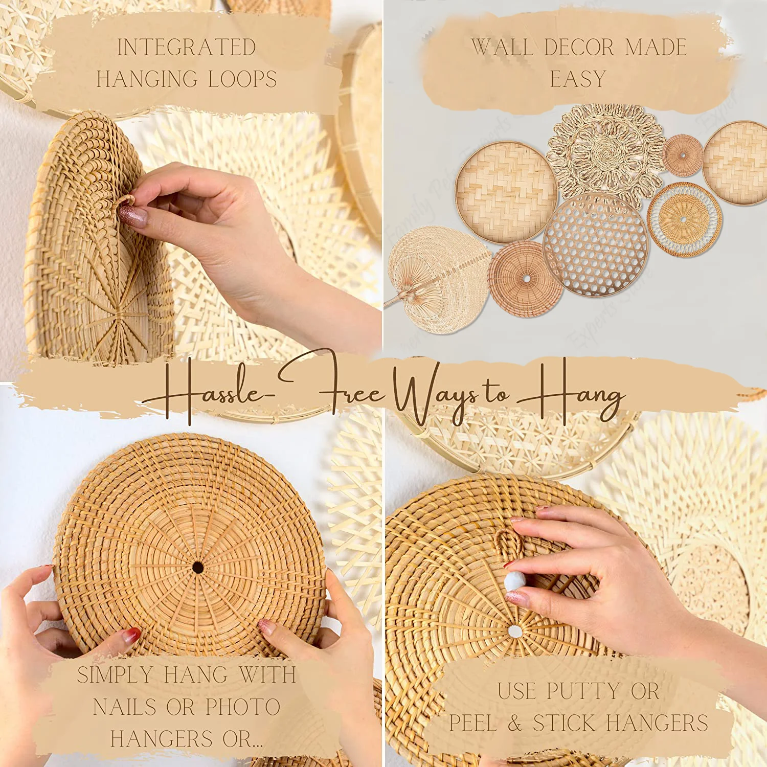 8pcs Natural Wall Basket Decor Boho Rattan Round Wall Decor Handmade Farmhouse Hanging for Bedroom Living Baby Room wall art decor wall hanging pendant dream catcher wall decoration crystal wall hanging