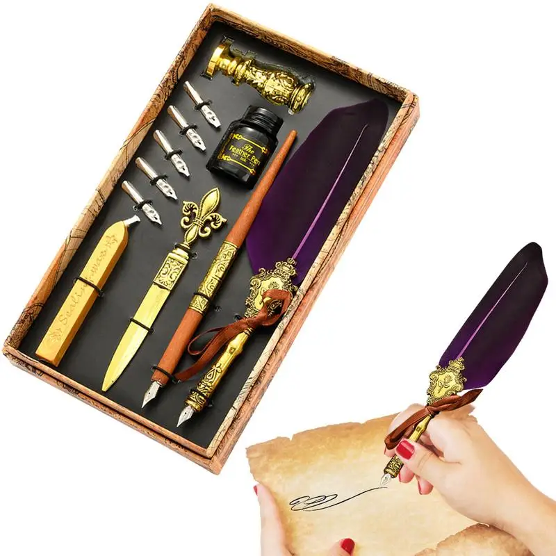Quill Pen And Ink Set Vintage Calligraphy Feather Pen For Writing Feather Pen Ink Set Includes Feather Dip Pen Ink Replacement