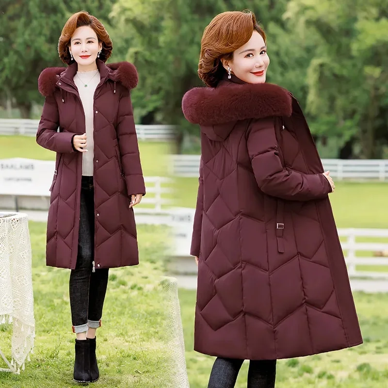 

2023 HOT New Winter Women Duck Down Coat Parka Jackets Long Slim Fur Collar Hooded Mother Parkas Warm Coats Female Outwear