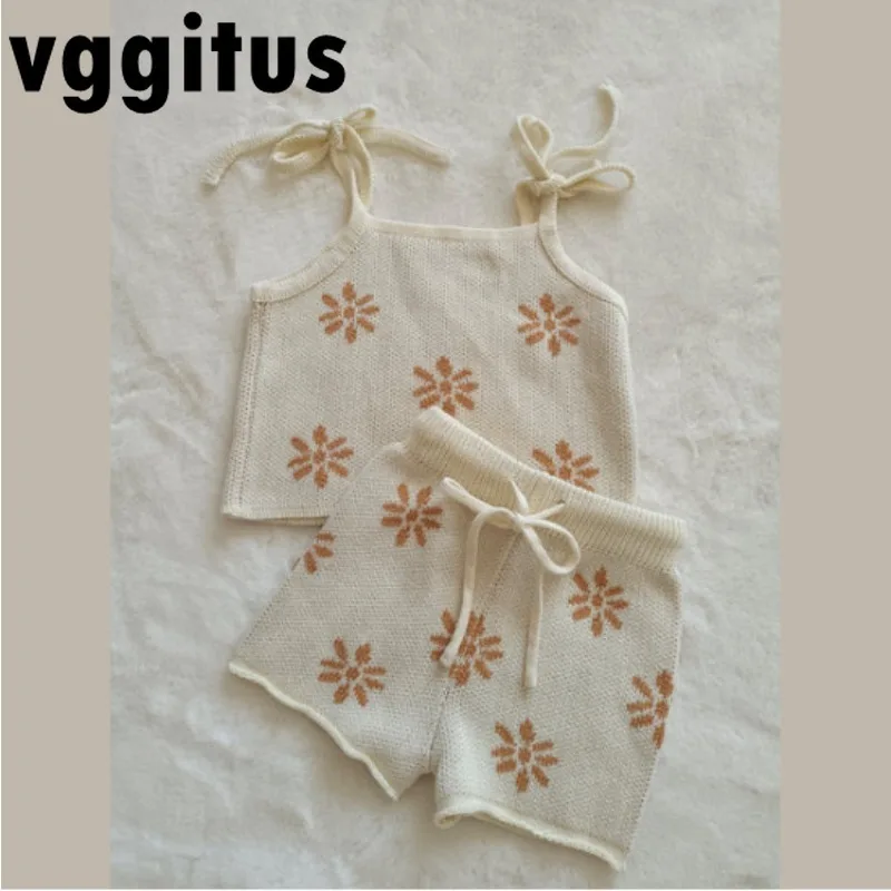 New Spring Summer Baby Knitted Set Beige Brown Floral Print Tie-Strap Cami Top Drawstring Shorts Toddler Casual Outfit B1316