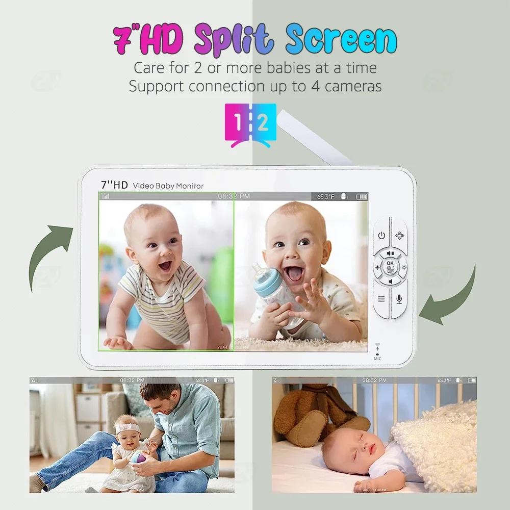 새로운 1080p 7 인치 2 대의 카메라가있는 전자 베이비 모니터 분할 화면 베이비 폰 팬 틸트-Zoom 보모 카메라 양방향 인터콤 자동 야간 비전 (940nm 보이지 않는 IR) 비디오 베이비 시터 Wi
