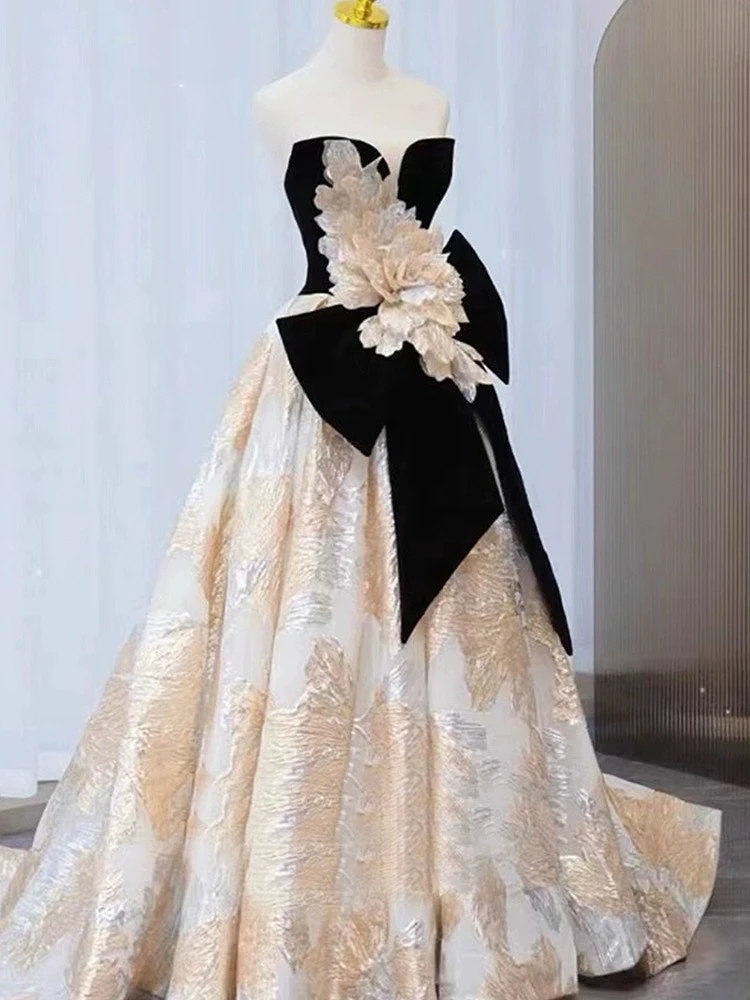 Luxury A-line Prom Dresses Tiered Strapless Sequins Woman Black Velvet Bow Printing Wedding Bride High-end Celebrity Gowns 2024