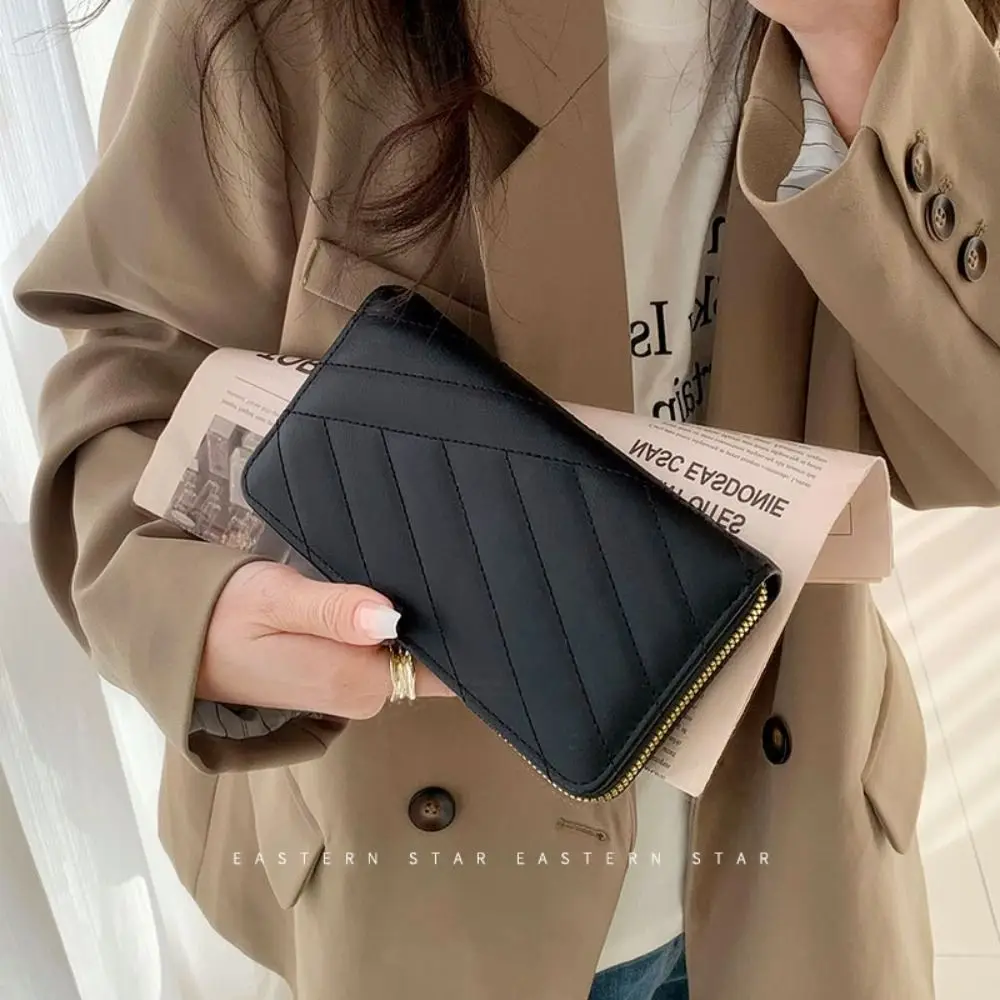 Solid Color Women Long Casual Wallet PU Leather Zipper Lady Purse Large Capacity Fashion Wrist Bag Money Bag