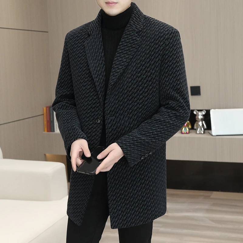 

High Quality Men's Autumn and Winter Fashion Handsome with Cotton Thickened Mid-length Wool Coat with Casual Men's Coat