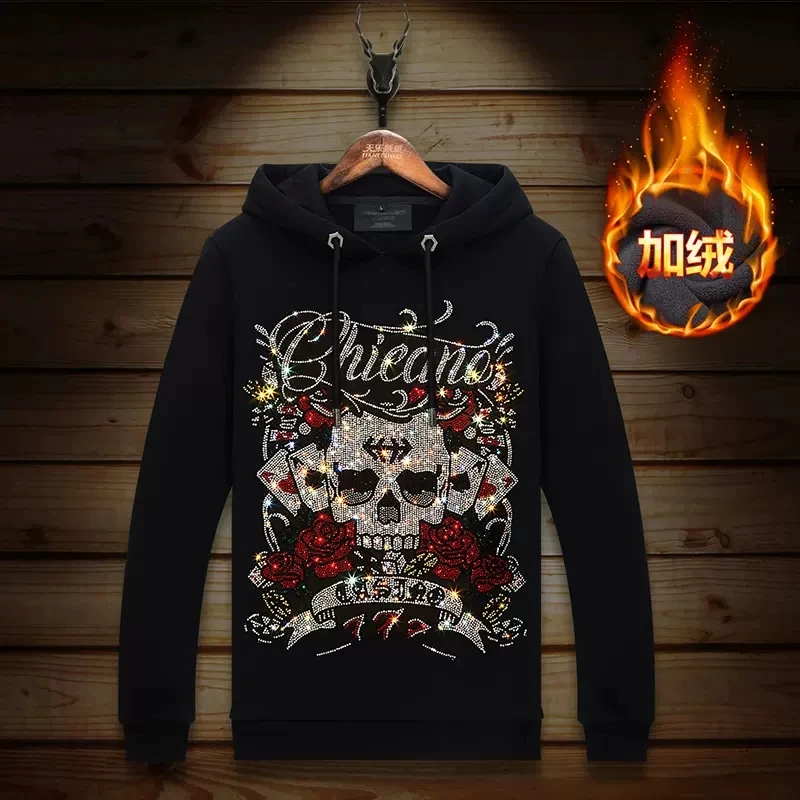 

2024 Skulls Rhinestones Mens Hoodies Sweatshirts Fashion Streetwear Full Pullover Belt Thick Men Clothing Winter Hooded Hoodie