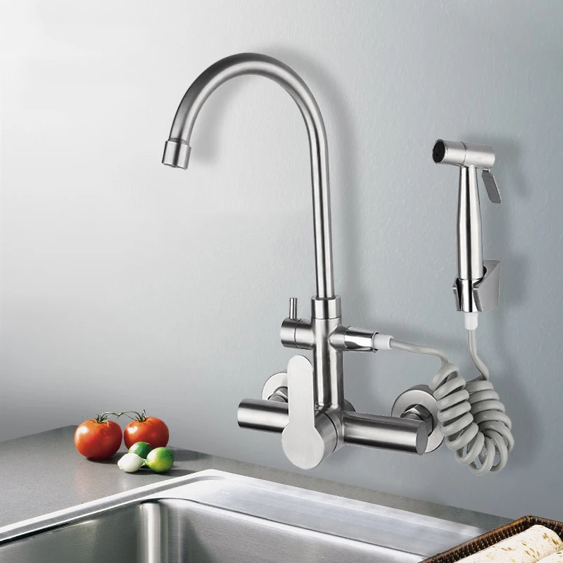 wall-mount-kitchen-faucet-stainless-steel-swivel-dual-hole-sink-tap-with-bidet-sprayer-shower-head-cold-hot-water-mixer-faucets