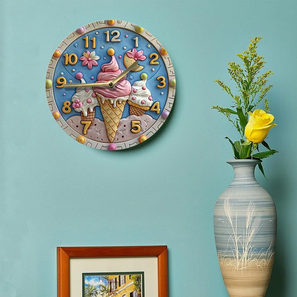 Wooden Wall Clock with Ice - Cream Pattern, Ideal for Home Decor, Uses AA Batteries 6