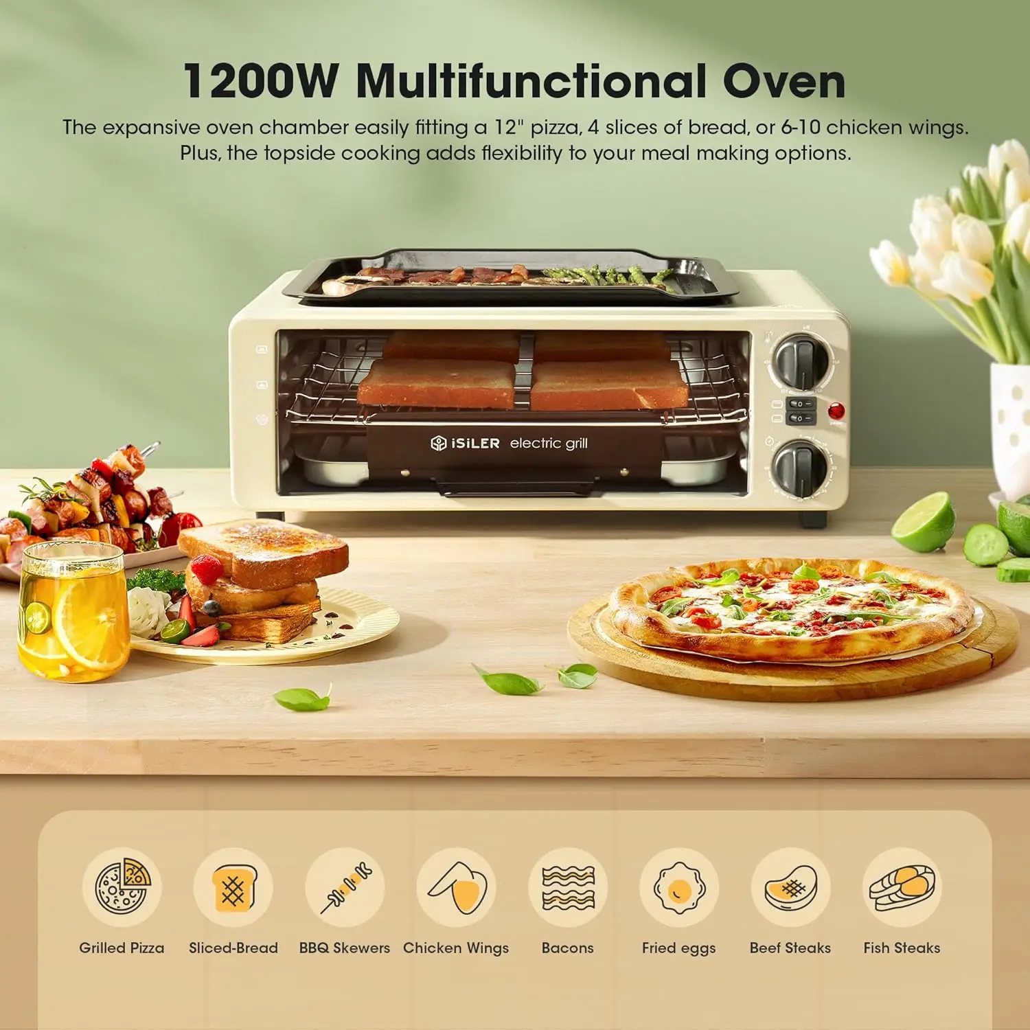 Air Fry Countertop Oven, 1200W 8-in-1 Electric Griddle Toaster Oven Combo, Flip Up & Away Capability for Storage Space, E 2