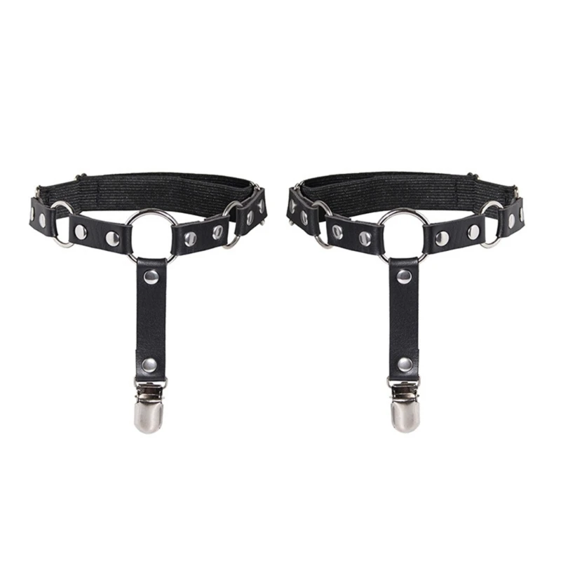 Women Punk Elastic Faux Leather Thigh Garter Belt with Buckle Non-Slip Clips