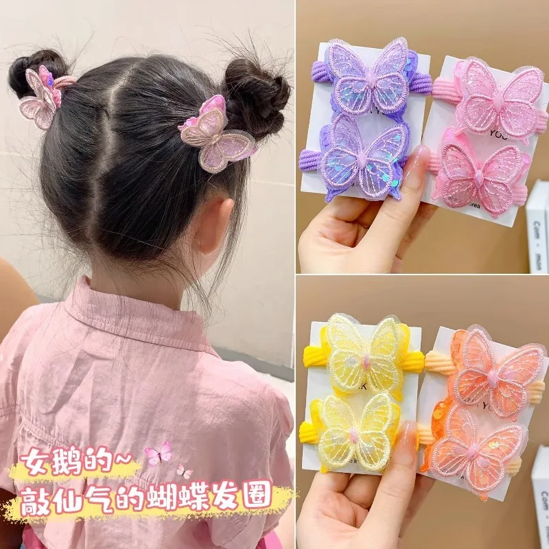 Korean Style Sequin Girl Butterfly Hair Loop Hair Rope Does Not Harm Hair, Cute Towel Loop High Ponytail Headwear (2 Pcs) 10pcs lot wholesale mouse ears velvet head wrap 5 sequin bow turban girl glitter elastic infant beanie cap kids hair accessory