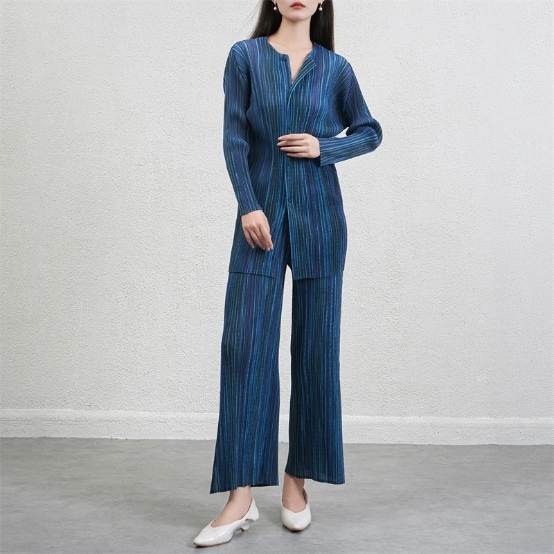 LANMREM Striped elastic Slimming High-End Set for Women 2025 Autumn New Fashion Casual Shirt and Pants Pleated Two-Piece Sets - Image 5