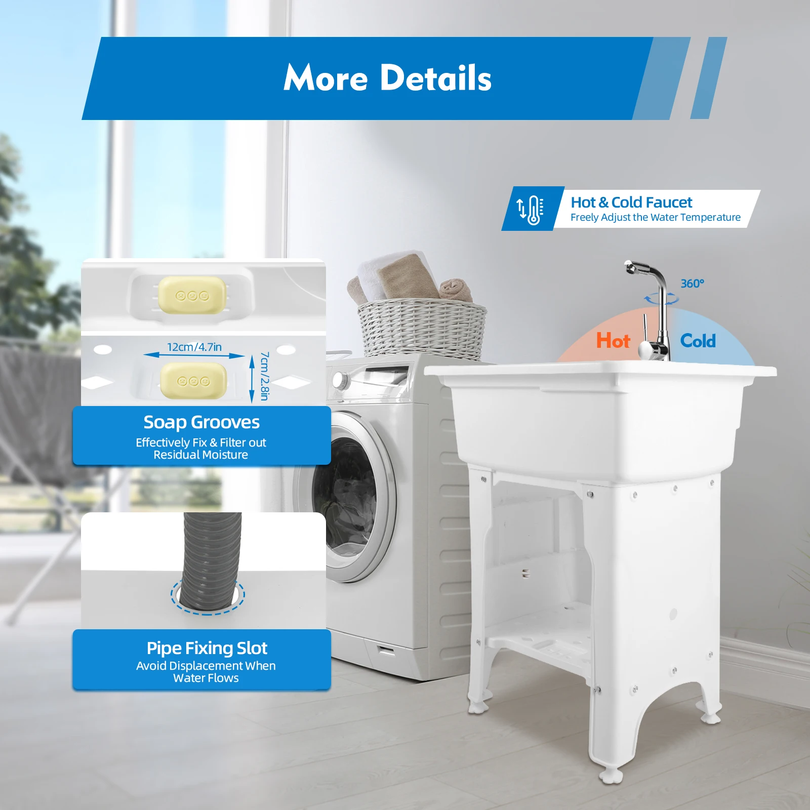 Freestanding Plastic Laundry Sink with Washboard Indoor and Outdoor Utility Sink with Cold and Hot Water Faucet 4