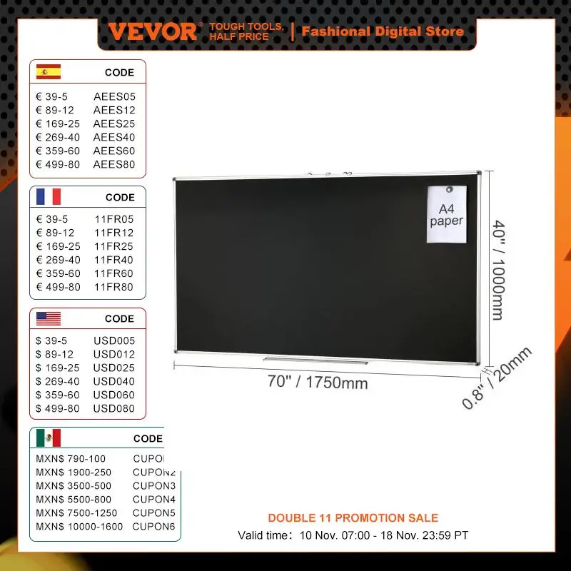 VEVOR Black Board 70 x 40 in Large Chalkboard with Aluminum Frame Black Boards Dry Erase 1 Magnetic Erase & 3 Dry Markers
