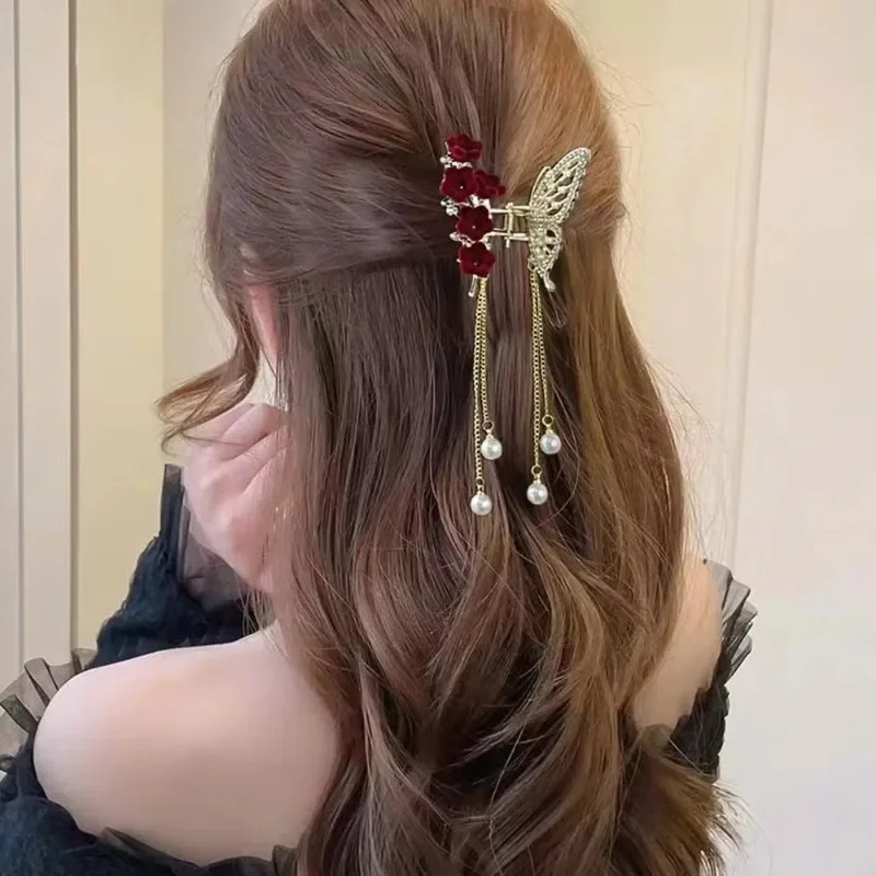 New Butterfly Tassel Pearl Hair Claw Women Elegant Rose Flower Hair Clip Female Exquisite Ponytail Claw Clip Заколка Зажим