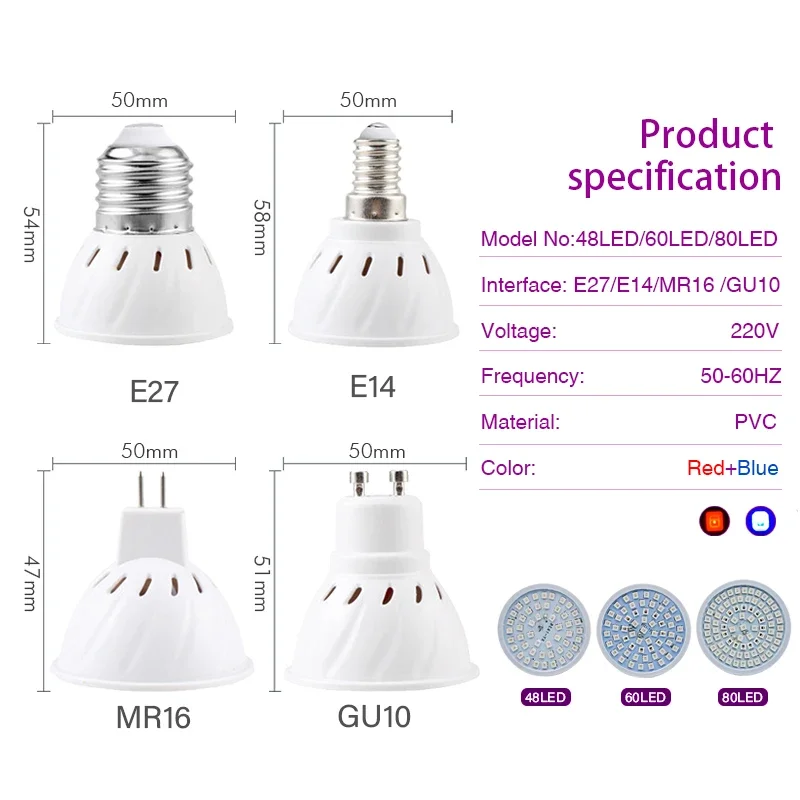 Led Grow Lamp Led Plant Light 10Pcs/Lot E27 E14 Full Spectrum Hydroponic Growth Light MR16 GU10 PhytoLamp Indoor Plants Seedlings Succulents