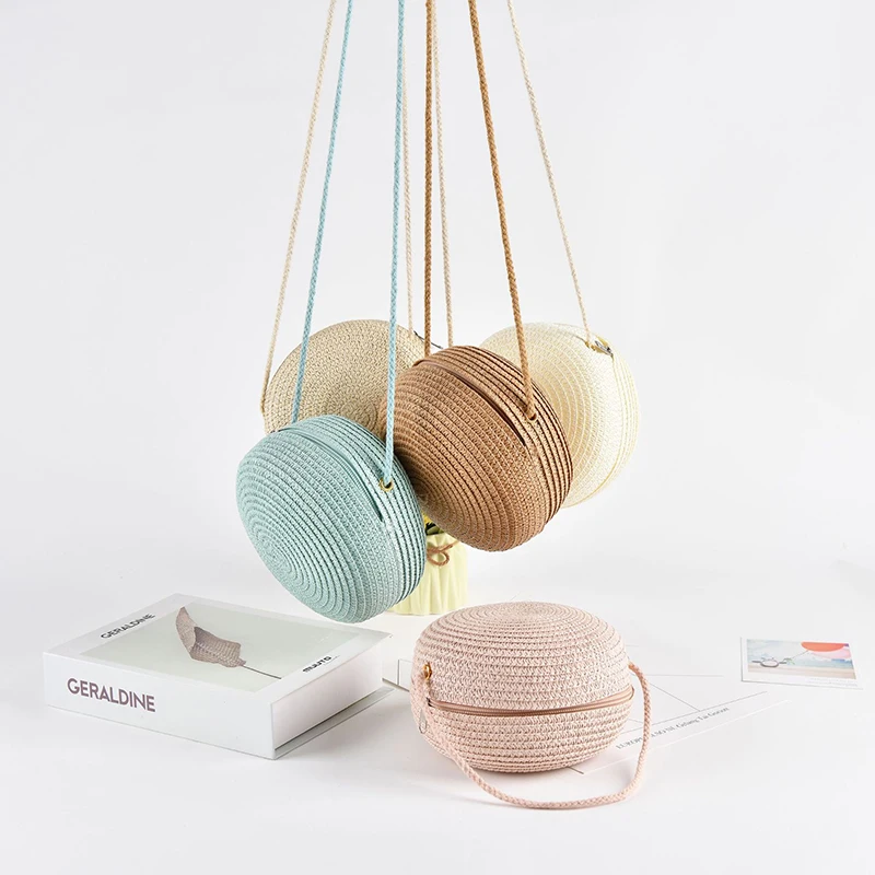 Round Straw Crossbody Shoulder Bag Women Woven Beach Bag for Ladies Rattan Handmade Knitted Candy Color Small Handbag Bolsa