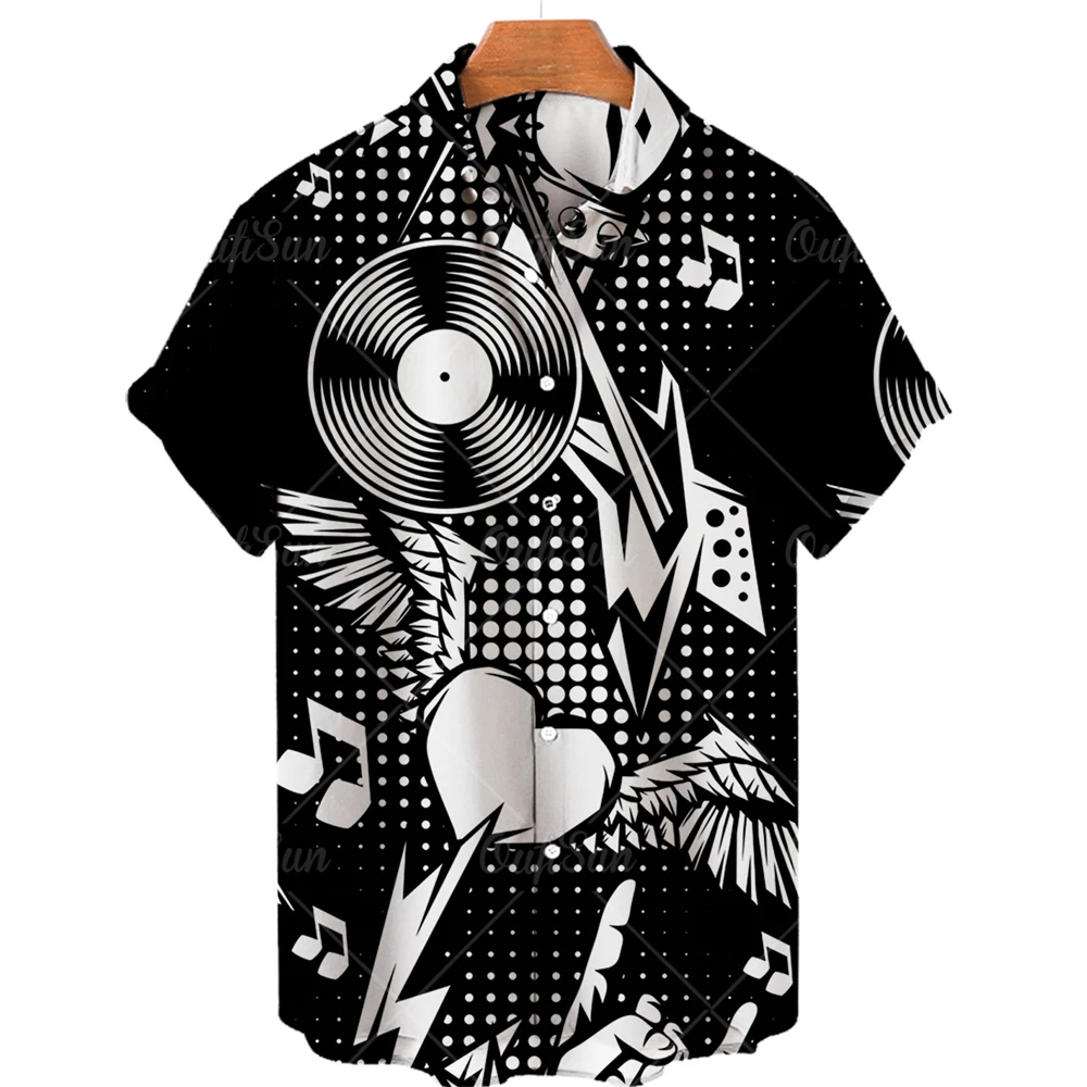 

Hawaiian Men's Short-sleeved Shirt, Informal Shirt with Music Print, Oversized Loose, Direct Sale, Beach, Summer, 2023