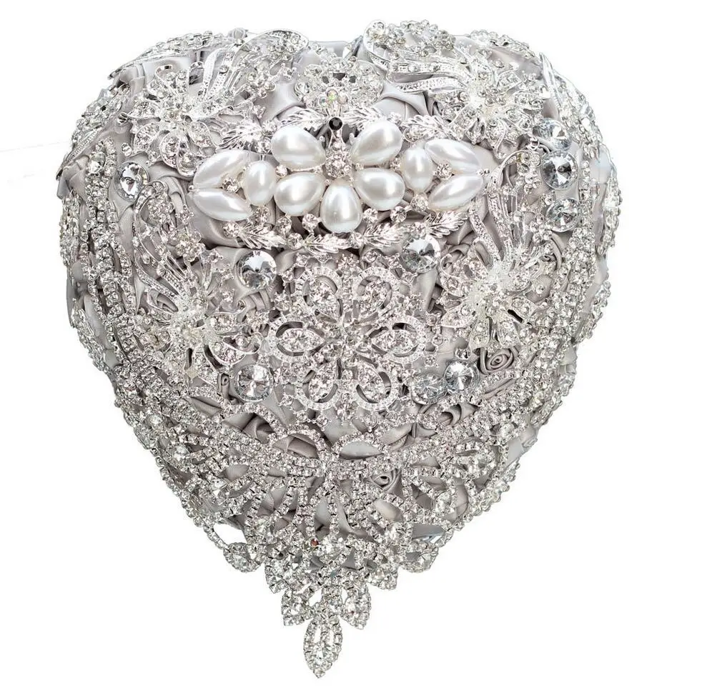 Silk Wedding Flowers Rhinestone Jewelry Sliver Brooch Bouquet Gold Broach Bridal Wedding Dress Bouquet