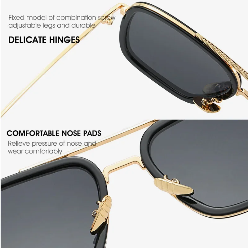 Square Frame Sunglasses Steam Punk Tony Stark Men Women Fashion Driving Unisex Metal Frame