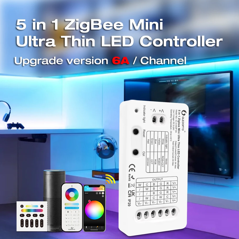 Gledopto Smart DC5-24V 6A Mini 5in1 Ultra Thin Zigbee 3.0 RGBCCT/RGBW/RGB/WWCW/Dimmer LED Controller APP/Voice/RF Remote Control