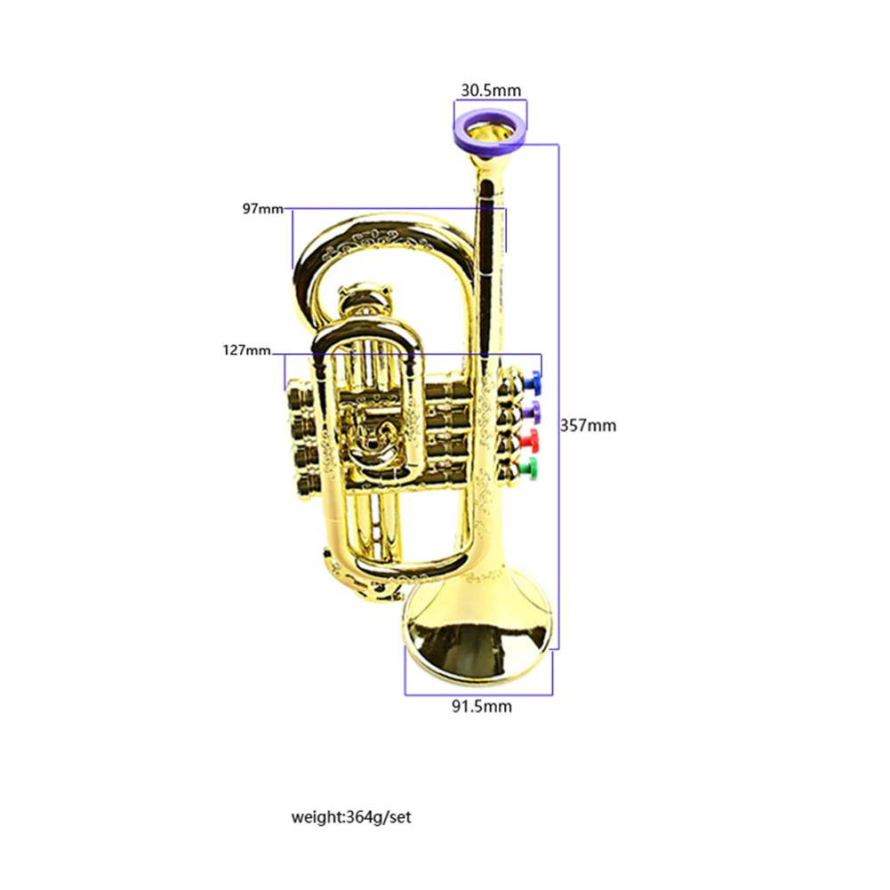 Professional Metallic Gold Trumpet Musical Educational Toy Kids Saxophone Trumpet with 4 Colored Keys Simulation Instrument