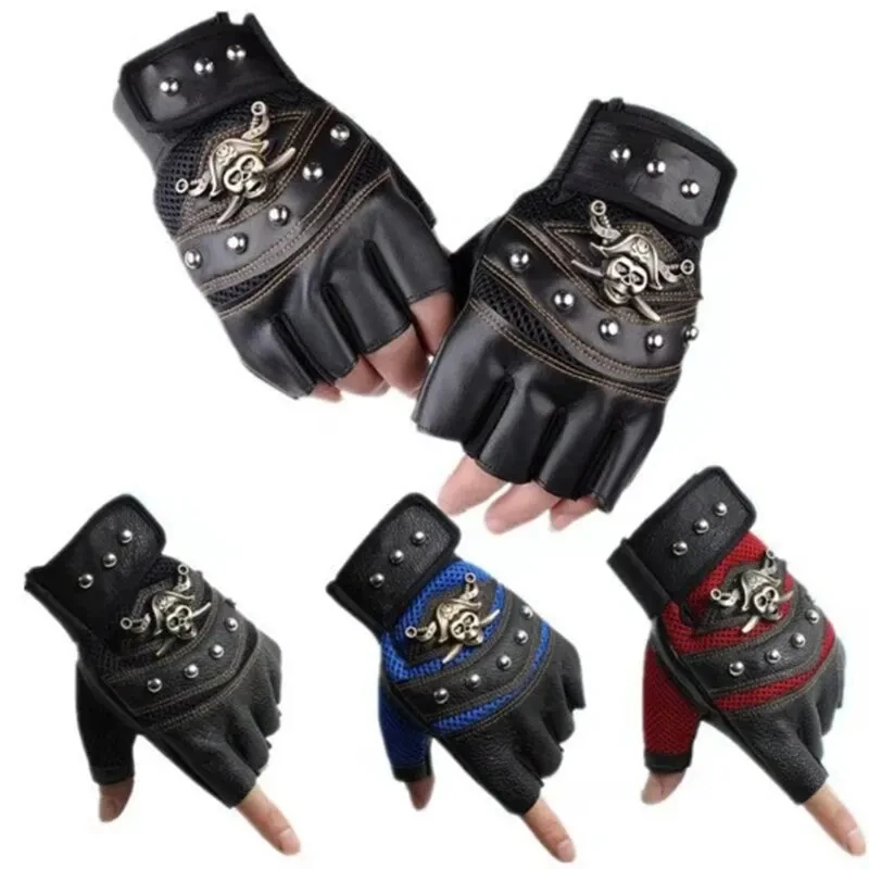 Fingerless Gloves Pirate Captain PU Leather Men Women Skulls Rivet Mitts Hip Hop Gym Female Moto Half Finger