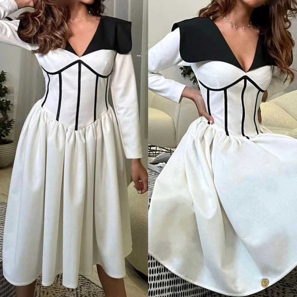 

Simple V-neck A-line Cocktail Dresses Skirts Taffeta Knee length Evening Fashion elegant party dress women luxur