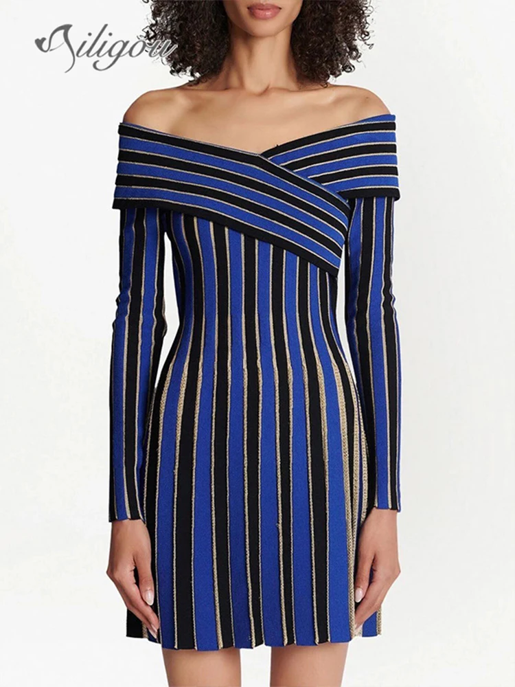 

2023 New Summer Women's Stripe Sexy Tight Off Shoulder Knitted Pleated Mini Dress Women's Elegant Celebrity Party Dress