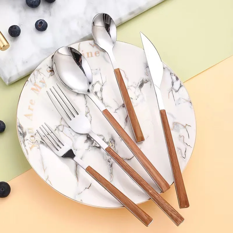 New Stainless Steel Tableware With Wooden Handle Spoon Steak Knife Fork Teaspoons For Home Kitchen Dinnerware Tools Accessories