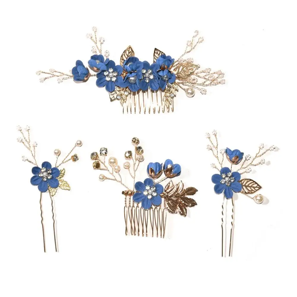 Beautiful Leaves Tiara Wedding Crystal Crown Hair Combs Blue White Flower Hair Pin Bridal Clips multi design blue cloisonne hair pins hair combs hanfu cosplay hair accessory for tv play or photography chinese hair jewelry