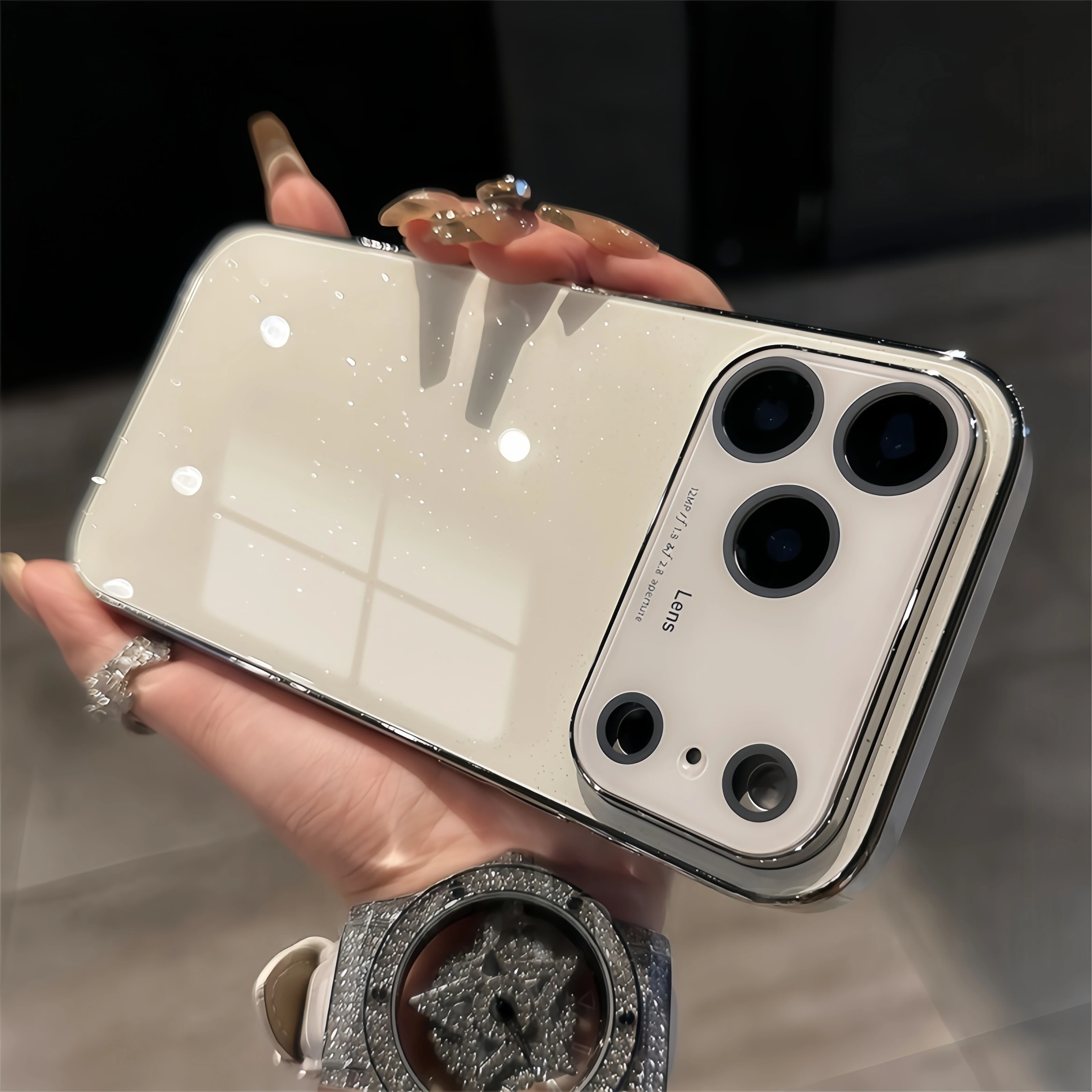 Luxury Shiny Glitter Glossy Glass Phone Case with Plating Lens Protector and Shockproof Design