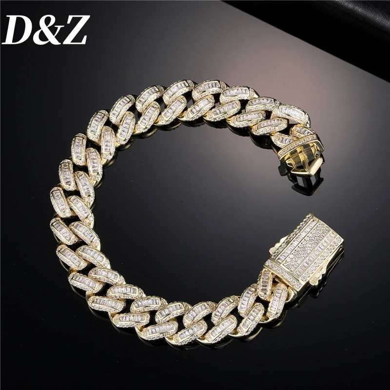 

D&Z Hip Pop Bling Iced Out Square Zircon 13MM Cuban Chain Bracelet Necklace For Men Luxury Gold Plated Copper Rock Charm jewelry