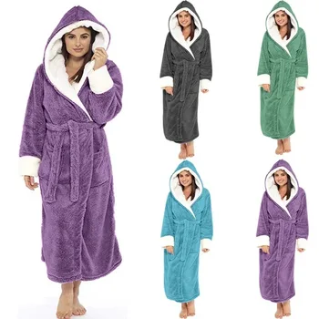 2026 New Long Plush Bathrobe for Women Warm Fleece Hooded Winter Loungewear Soft Cozy