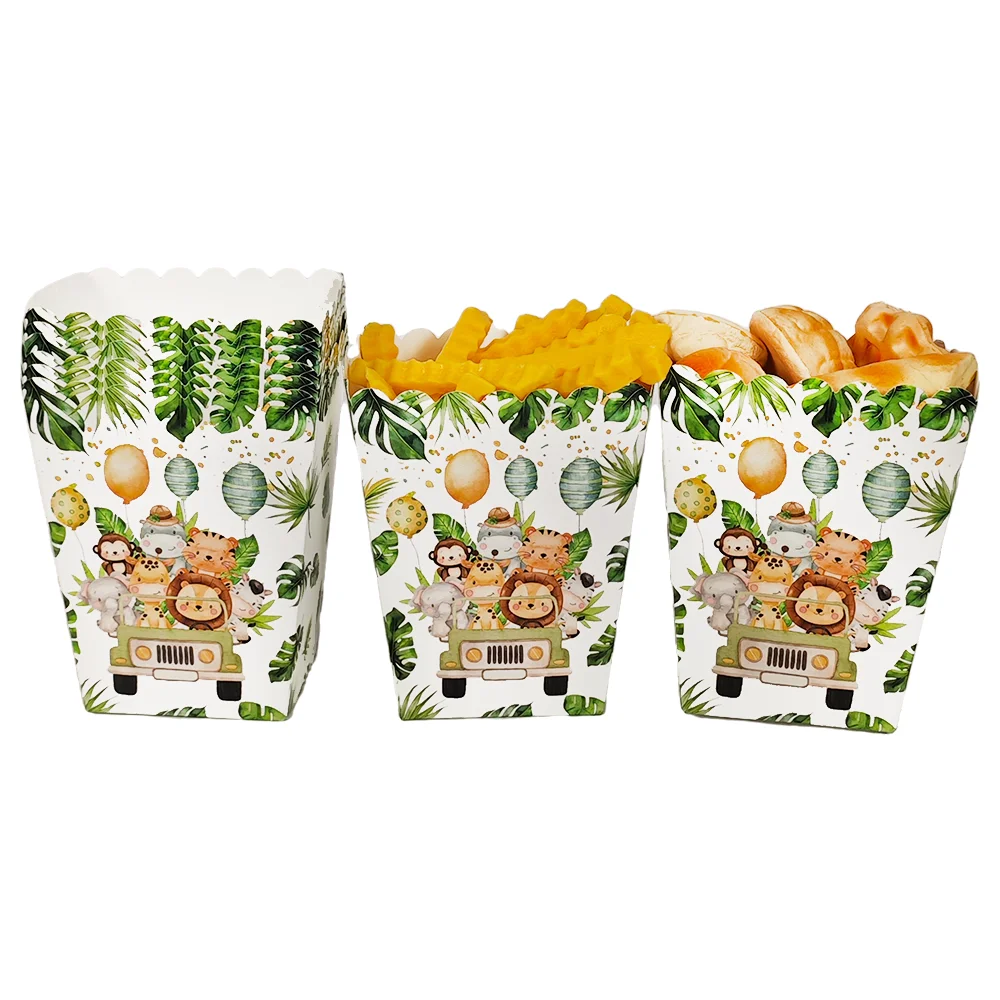Caixas de papel para pipoca com tema safari (8 a 24 unidades), com animais da selva, para decoração de festas de aniversário e chá de bebê._voghion.com