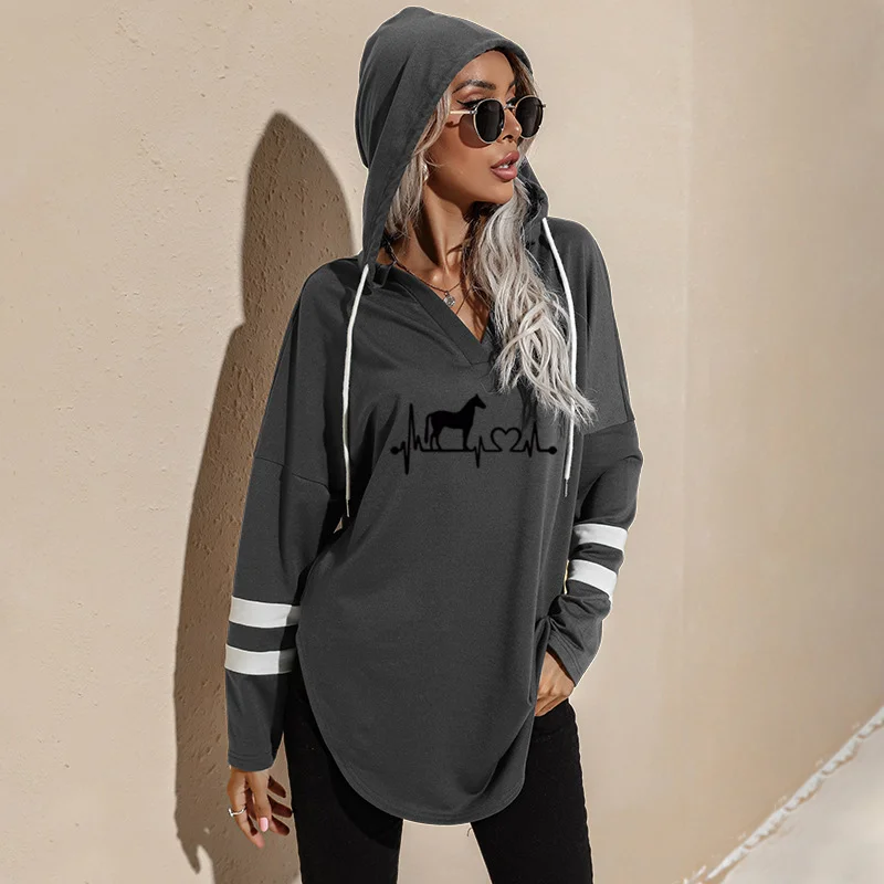

Women Horse Letters Print Tops V-Neck Hooded Hoodies For Hoodies Harajuku Women Hoody Punk Streetwear Winter Women's Hoodies
