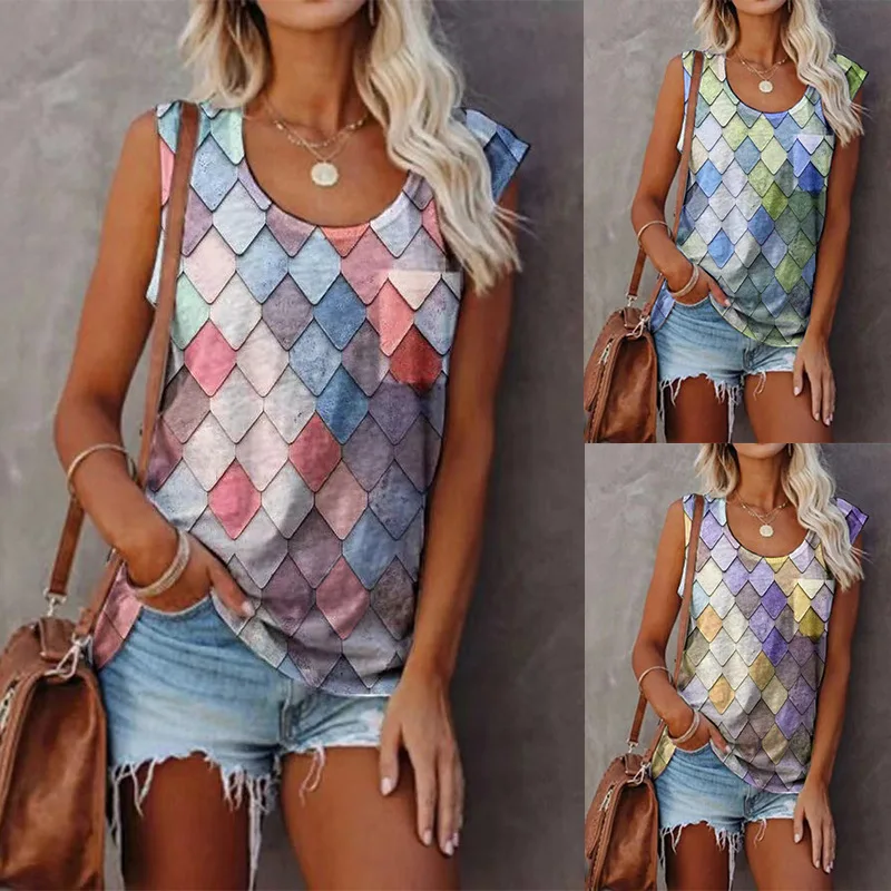 

Summer New T-shirt Tank Top Women's Fashion Print Round Neck Pocket Sleeveless Top Woman Loose Tops Female & Lady Clothing