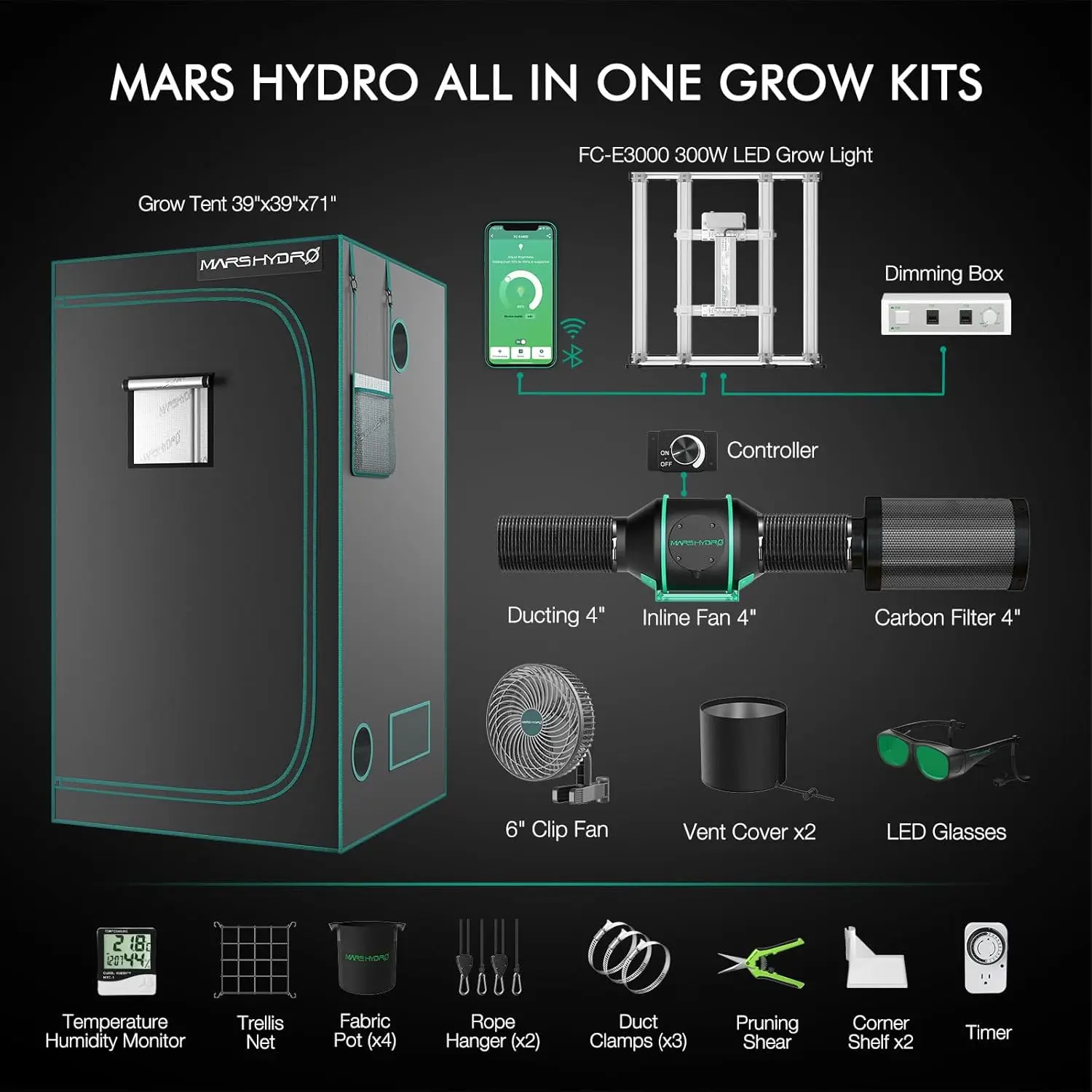 3x3 Smart Grow Tent Kit Complete System FC-E3000 APP Control Led Grow Light 1184Pcs LED 1680D High Reflective Mylar Tent