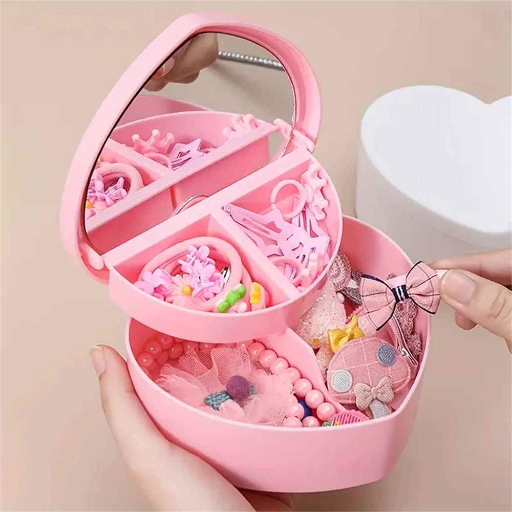 1pcs Heart-Shaped Jewelry Box Pink Girl Diy Gift Storage Box Desktop Double-Deck Mirror Make Up Organizer Box Heart-Shaped Jewel 2