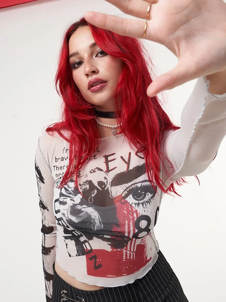 Women's Gothic Graphic Print Crop Top with Sheer Long Sleeves and Y2K Accessories