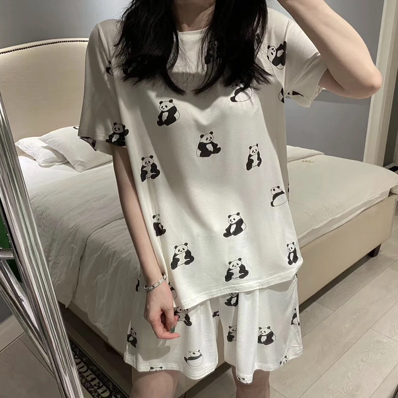 Women Pajamas Set Women Pajama Suit Women's Pajamas Set Panda Cartoon Printed Short Sleeve T Shirt + Shorts 2 Pieces Woman Soft Casual Sleepwear Homewear Pijimas