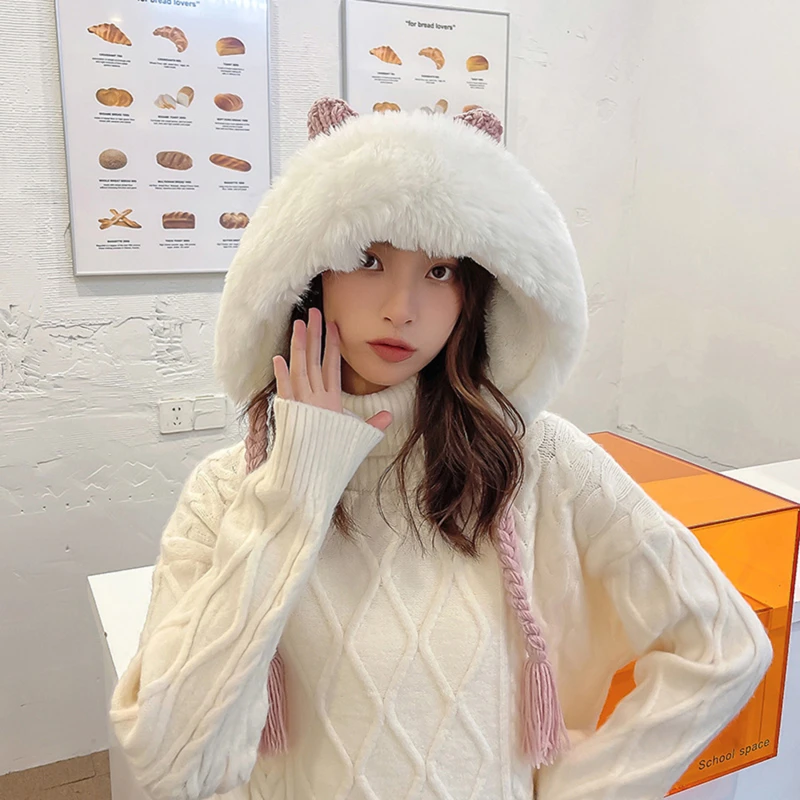 

New Fashion Women Winter Warm Cute Hat Cat Ears Lady Knitted Beanies Hat Cap With Braid For Women Plush Hat