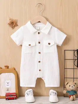Summer Casual Comfort Soft Solid Color Simple Cotton Short Sleeve Romper Baby Girl Pocket Fashion Baby Boy Romper 1