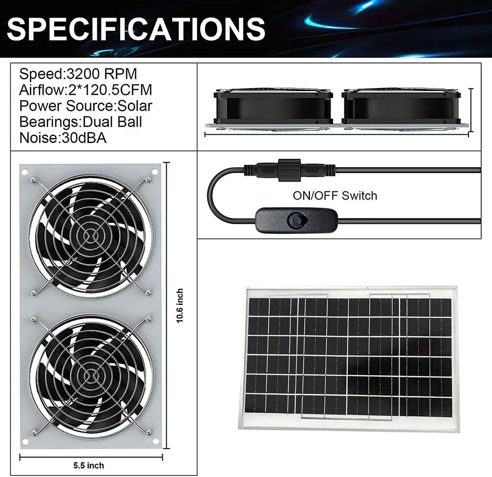 Solar Fan Kit Solar Panel Dual Fan IPX7 Waterproof For Dog Chicken House RV Greenhouse Panel Powered Air Extractor Solar Panel Kit Solar Exhaust Fan