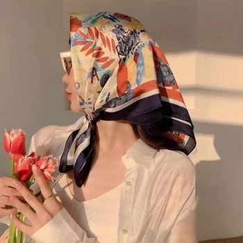 Fashion Print Square Scarf Hijab For Women Girls Satin Silk Bandana Muslim Headband Neckerchief Hair Band Wrap Shawls Foulard 2