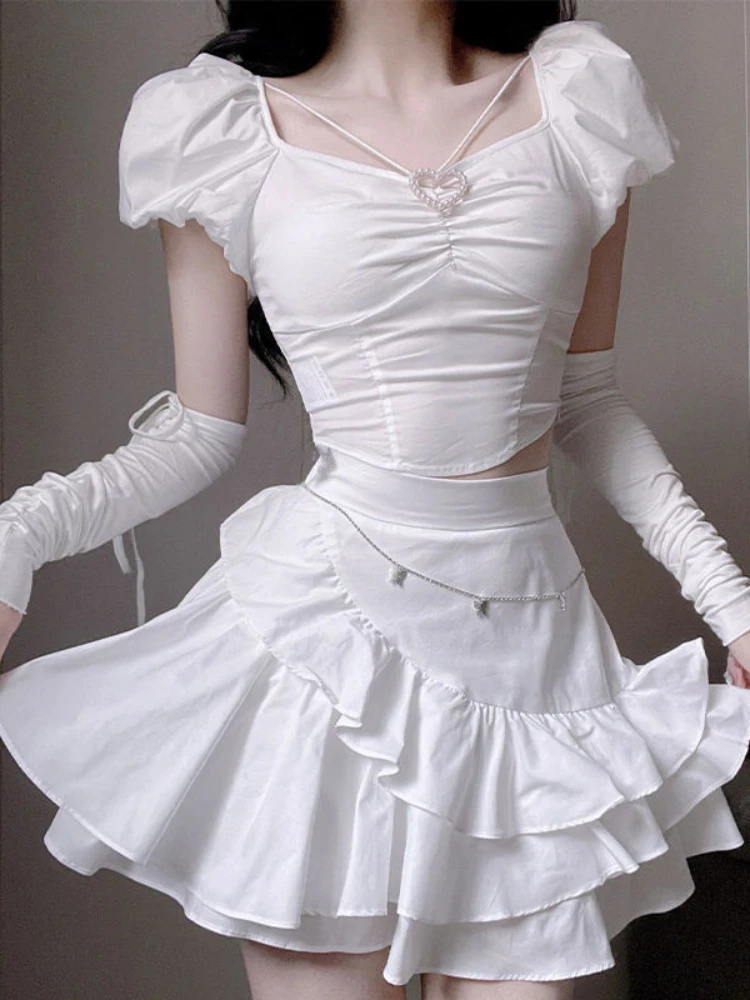 

White France Sweet Two Piece Set Women Elegant Party Mini Skirt Suit Female Puff Sleeve Tops＋Chic High Waist Skirts Summer 2023