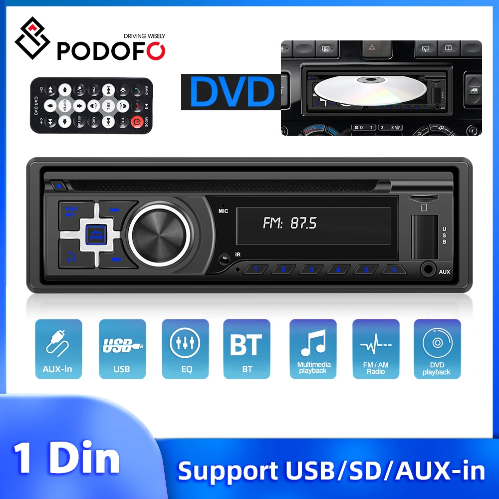 

Podofo 1Din MP3 Player In-Dash Car Radio 12V Bluetooth Audio Music Stereo Car DVD player USB/SD/AUX-IN RCA Audio EQ Autoradio