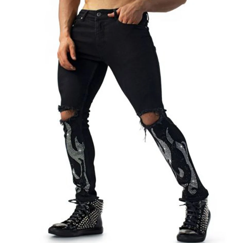 Men's Ripped Stretchy Black Jeans Skinny Slim Fit Punk Club Streetwear Biker Trousers Man Letter Rhinestone Denim Pencil Pants