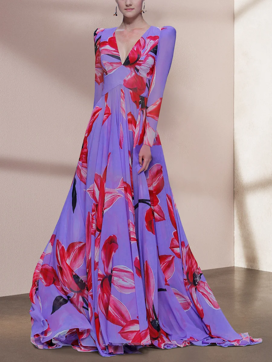 

Популярное в этом году фиолетовое платье с поясом, французская юбка с цветочным рисунком и V-образным вырезом, длинная свободная юбка с цветочным рисунком для женщин на лето