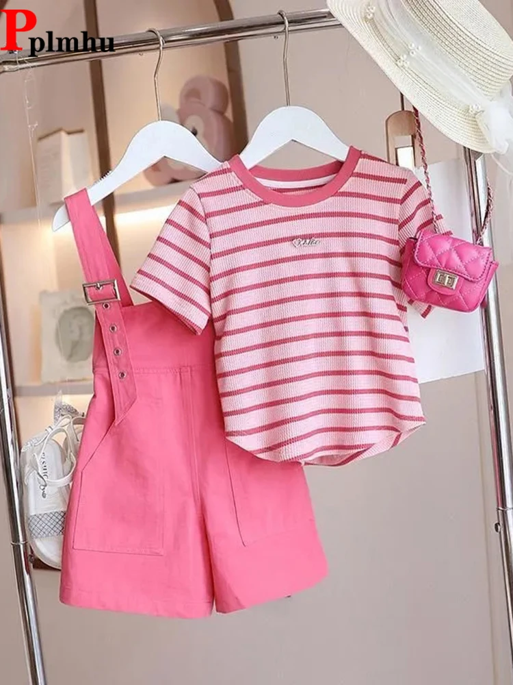 

Children's Summer 2 Piece Sets O Neck Stripe Short-sleeve Tops And Fashion Kids Jumpsuits Ensembles Girls Loungewear Outfit